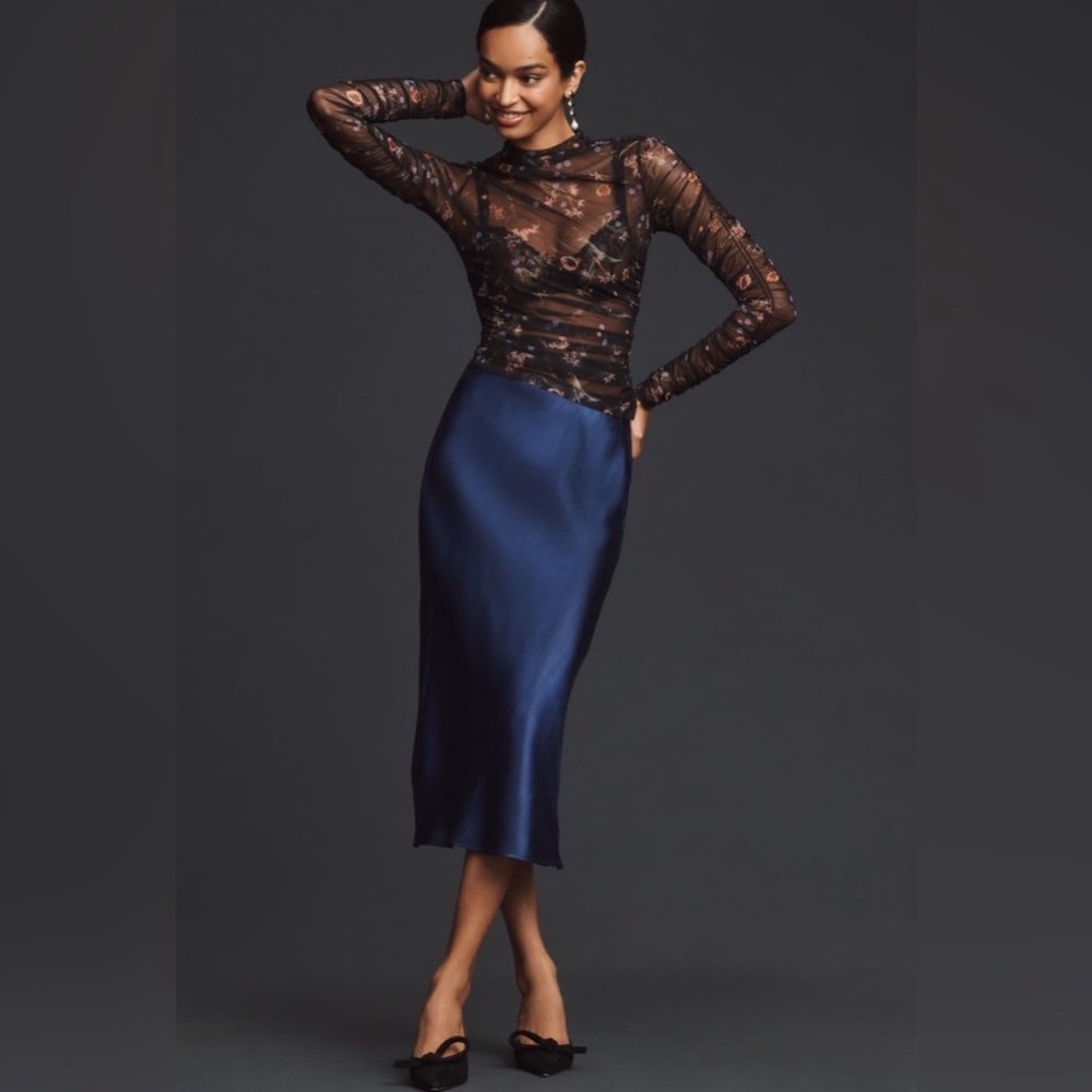 Anthropologie Navy Blue Satin Skirt